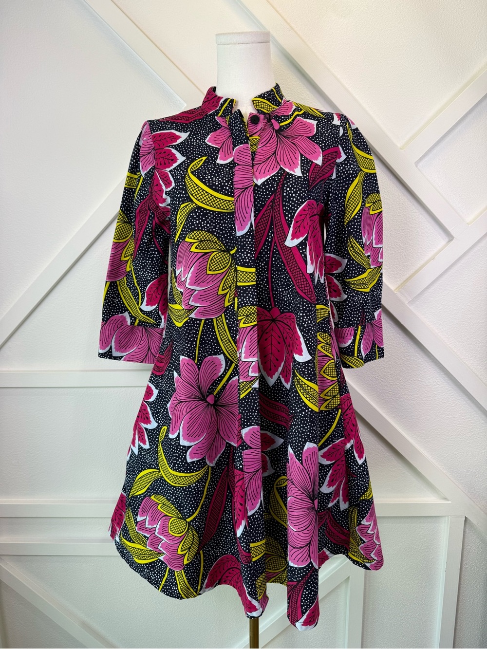 Zuri The Dress Black Polka Dot Pink Flowers 100% Cotton Made In Kenya Size XXS